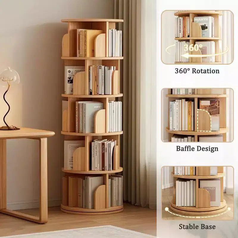 Libreria girevole a 5 ripiani, espositore girevole a 360° per libri, libreria a torre girevole salvaspazio con base a doppio strato