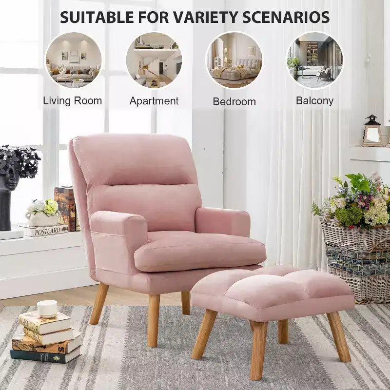 Poltrona con pouf, poltrona in velluto per camera da letto e soggiorno, comoda poltrona lounge con schienale regolabile e tasca laterale