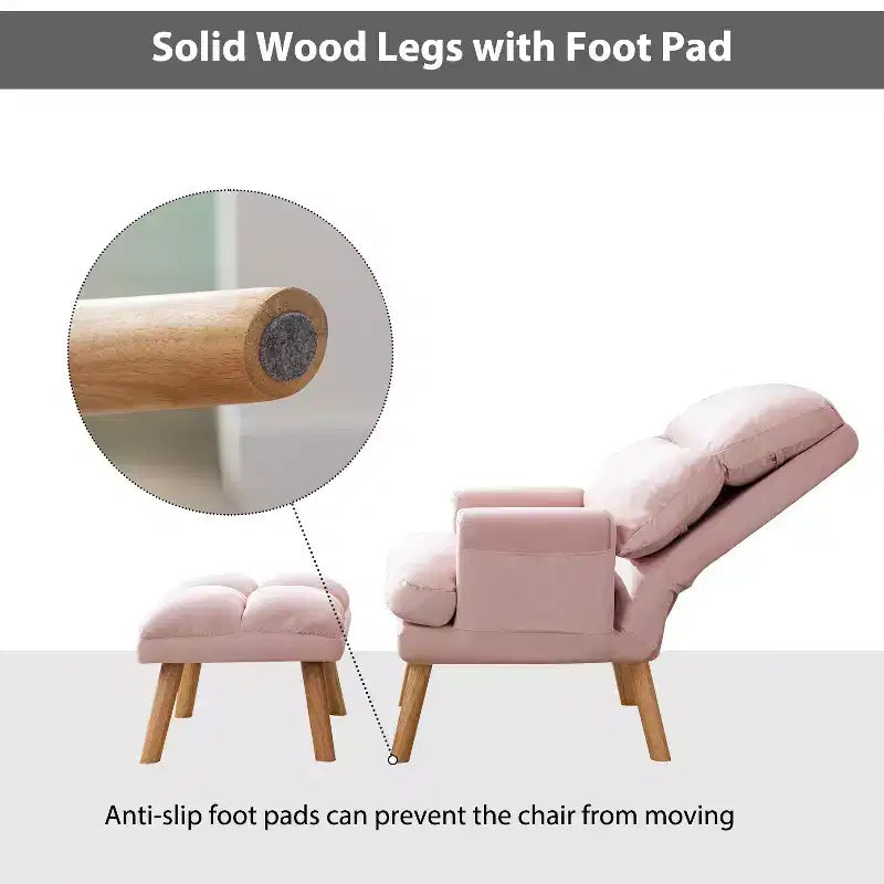 Poltrona con pouf, poltrona in velluto per camera da letto e soggiorno, comoda poltrona lounge con schienale regolabile e tasca laterale
