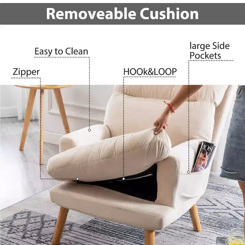 Poltrona con pouf, poltrona in velluto per camera da letto e soggiorno, comoda poltrona lounge con schienale regolabile e tasca laterale