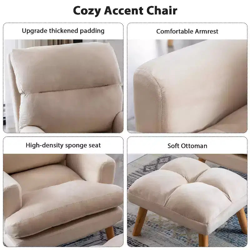 Poltrona con pouf, poltrona in velluto per camera da letto e soggiorno, comoda poltrona lounge con schienale regolabile e tasca laterale