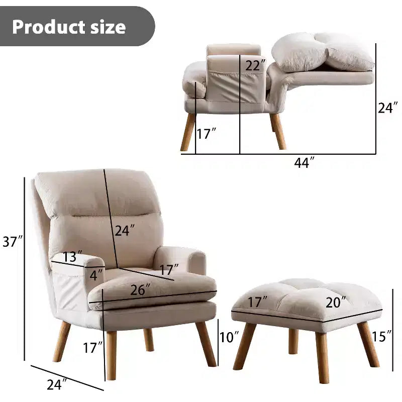 Poltrona con pouf, poltrona in velluto per camera da letto e soggiorno, comoda poltrona lounge con schienale regolabile e tasca laterale
