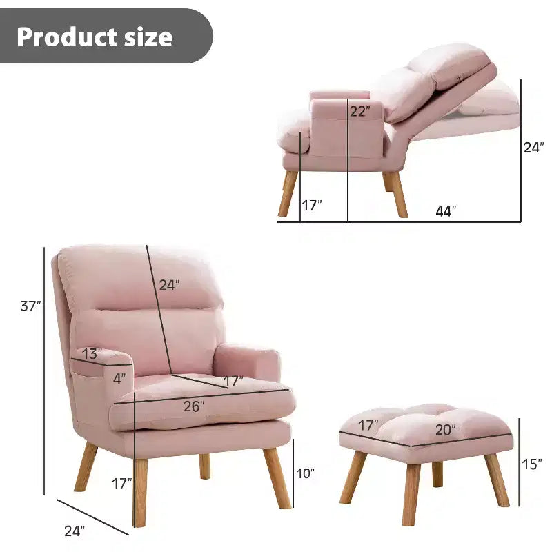 Poltrona con pouf, poltrona in velluto per camera da letto e soggiorno, comoda poltrona lounge con schienale regolabile e tasca laterale