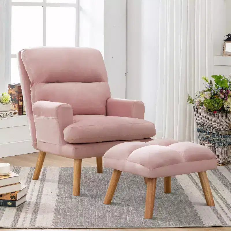 Poltrona con pouf, poltrona in velluto per camera da letto e soggiorno, comoda poltrona lounge con schienale regolabile e tasca laterale