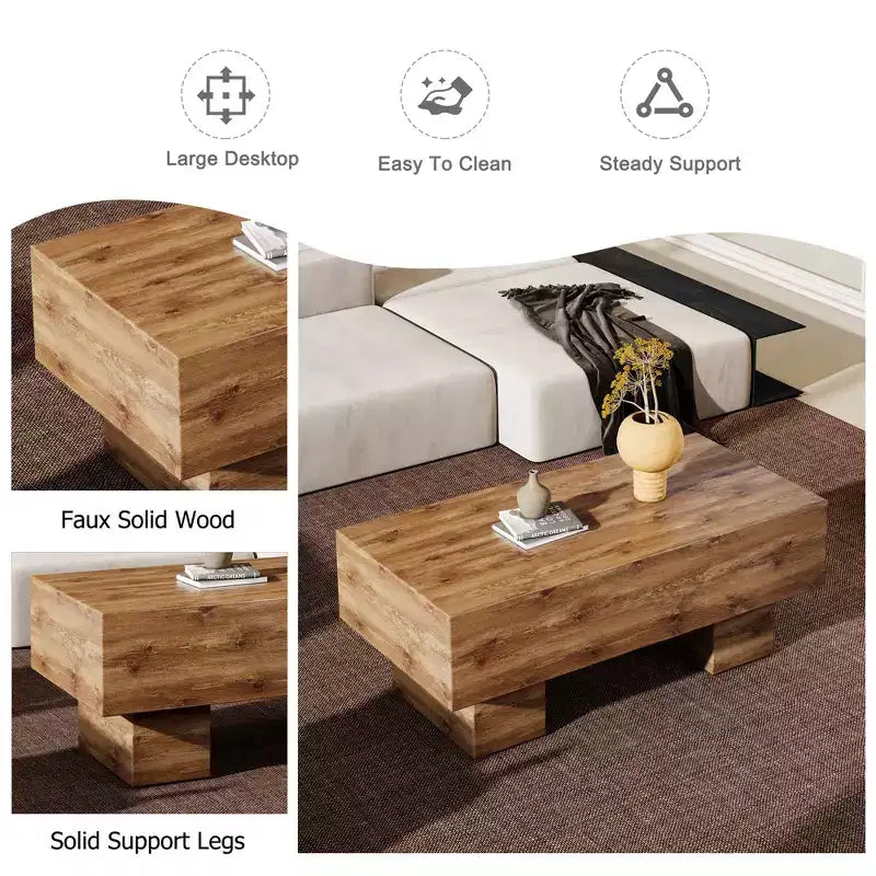 Tavolino moderno extra-largo 43, tavolino centrale rustico rettangolare da tè con base adatta ai tappeti per salotto e home theater