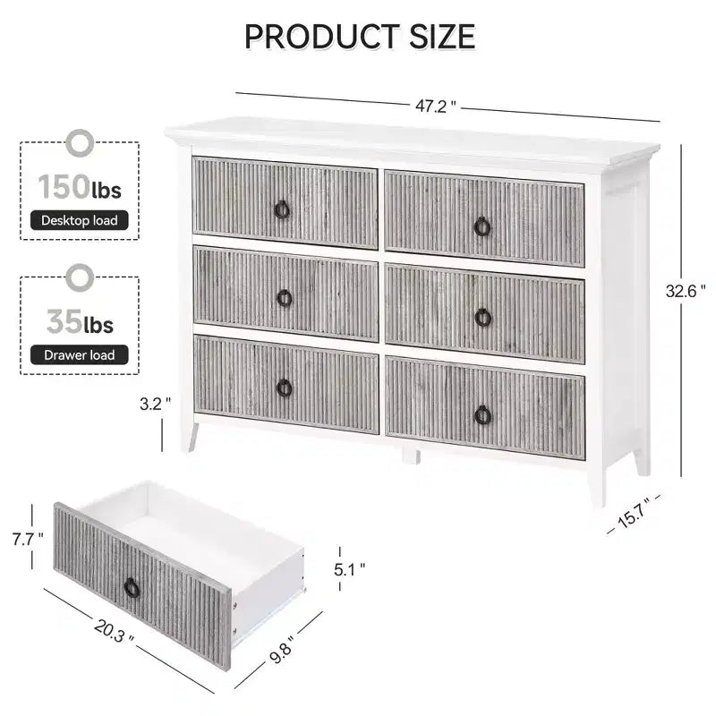 Cassettiera a 6 cassetti per camera da letto, cassettiera con design a onde scanalate, ampio mobile contenitore in legno, adatta per camera da letto, soggiorno, corridoio