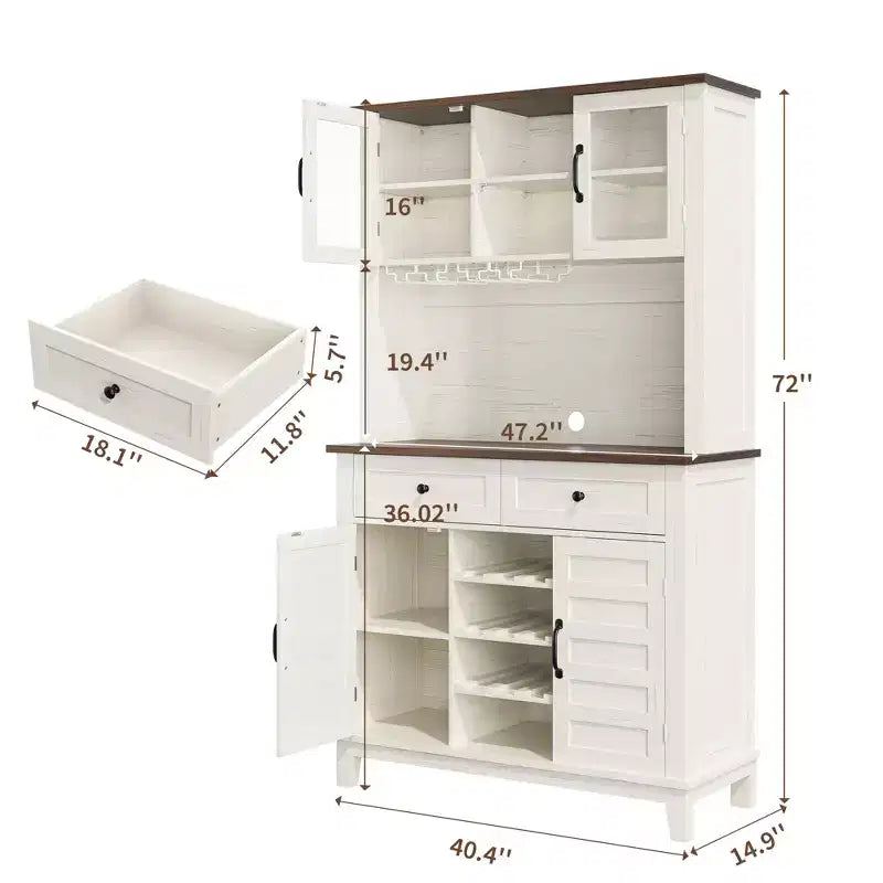Credenza Bar 72 Farmhouse – Mobile Bar con Portabottiglie per 9 bottiglie, 4 Portabicchieri e Ripiano Regolabile, Bianco
