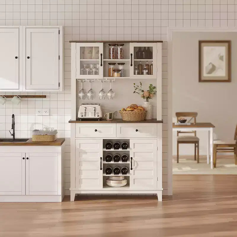Credenza Bar 72 Farmhouse – Mobile Bar con Portabottiglie per 9 bottiglie, 4 Portabicchieri e Ripiano Regolabile, Bianco