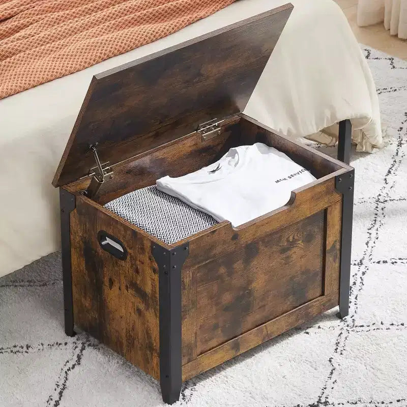 Panca Contenitore in Legno con Cassapanca, Baule con Coperchio a Ribalta e Cerniera di Sicurezza, per Ingresso, Soggiorno, Marrone Rustico