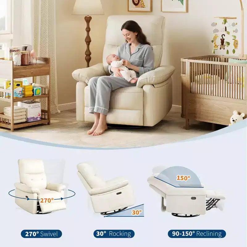 Poltrona reclinabile elettrica, poltrona reclinabile girevole in pelle PU con porte USB, poltrona reclinabile imbottita per cameretta, sedia ergonomica per salotto, beige