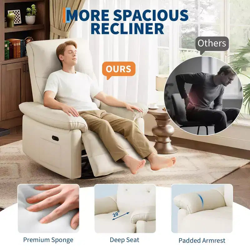 Poltrona reclinabile elettrica, poltrona reclinabile girevole in pelle PU con porte USB, poltrona reclinabile imbottita per cameretta, sedia ergonomica per salotto, beige