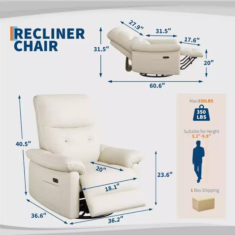 Poltrona reclinabile elettrica, poltrona reclinabile girevole in pelle PU con porte USB, poltrona reclinabile imbottita per cameretta, sedia ergonomica per salotto, beige