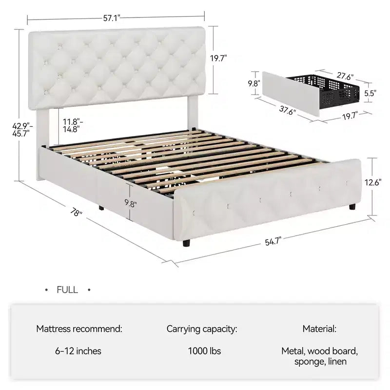 Struttura letto king-size con piattaforma e testiera regolabile e 4 cassetti, struttura letto moderna imbottita grigia con pediera, supporto a doghe in legno