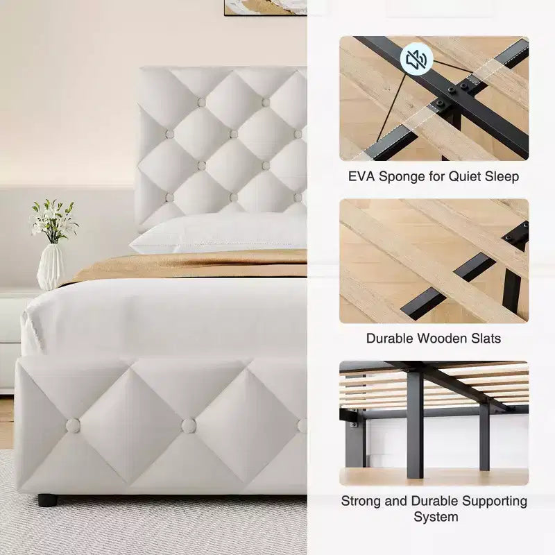 Struttura letto king-size con piattaforma e testiera regolabile e 4 cassetti, struttura letto moderna imbottita grigia con pediera, supporto a doghe in legno
