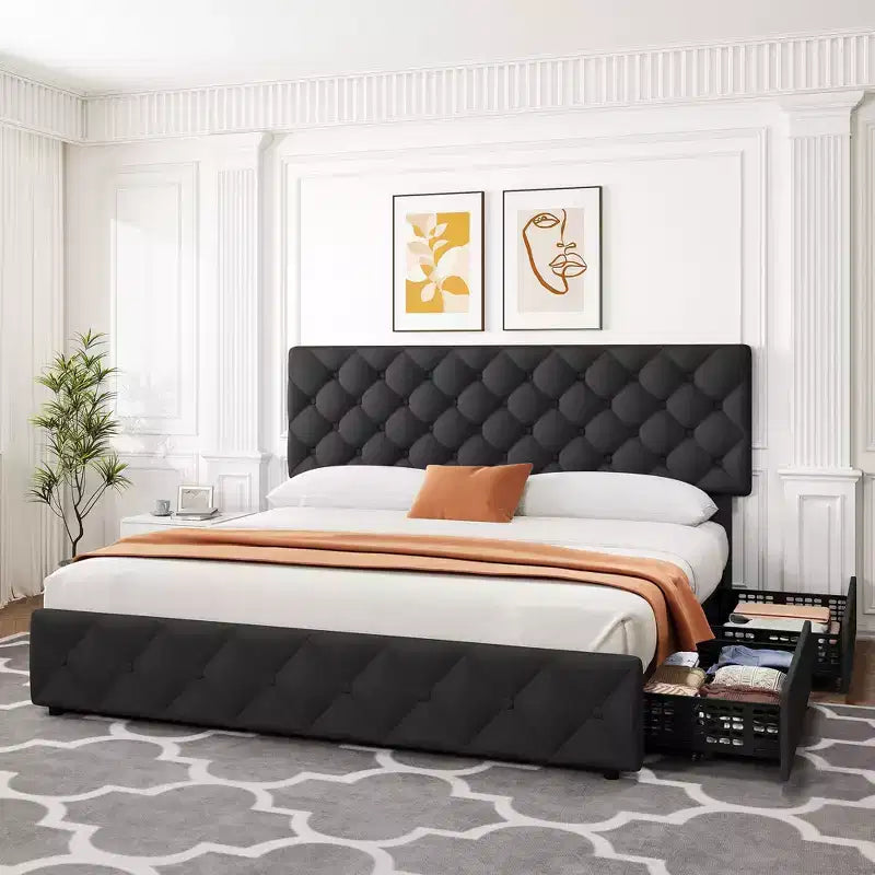 Struttura letto king-size con piattaforma e testiera regolabile e 4 cassetti, struttura letto moderna imbottita grigia con pediera, supporto a doghe in legno