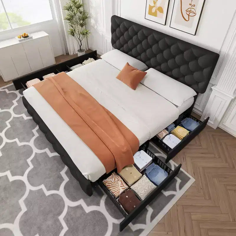 Struttura letto king-size con piattaforma e testiera regolabile e 4 cassetti, struttura letto moderna imbottita grigia con pediera, supporto a doghe in legno