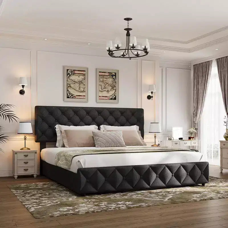 Struttura letto king-size con piattaforma e testiera regolabile e 4 cassetti, struttura letto moderna imbottita grigia con pediera, supporto a doghe in legno
