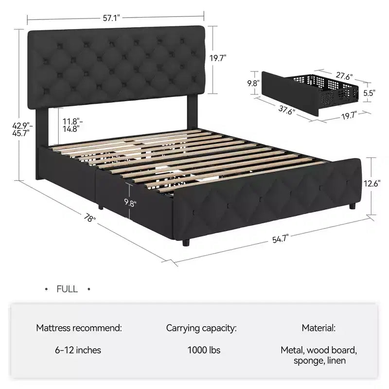 Struttura letto king-size con piattaforma e testiera regolabile e 4 cassetti, struttura letto moderna imbottita grigia con pediera, supporto a doghe in legno
