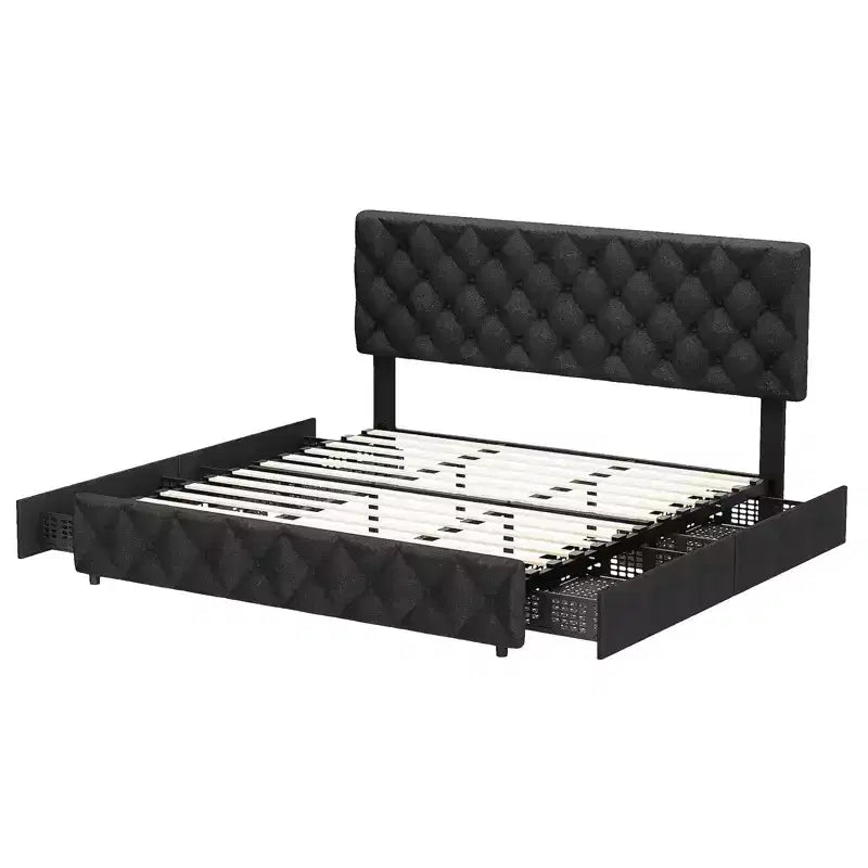 Struttura letto king-size con piattaforma e testiera regolabile e 4 cassetti, struttura letto moderna imbottita grigia con pediera, supporto a doghe in legno