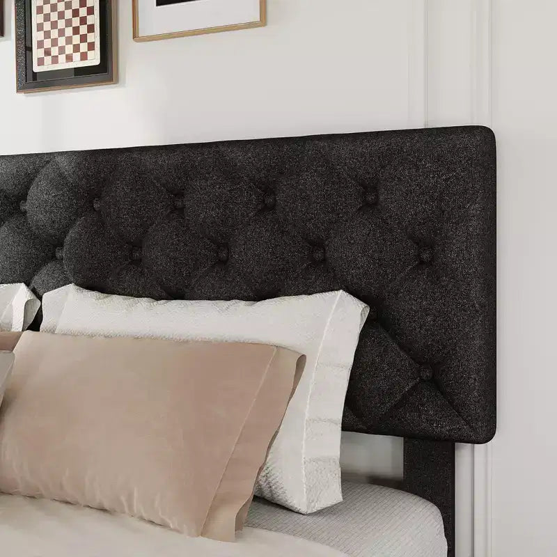 Struttura letto king-size con piattaforma e testiera regolabile e 4 cassetti, struttura letto moderna imbottita grigia con pediera, supporto a doghe in legno