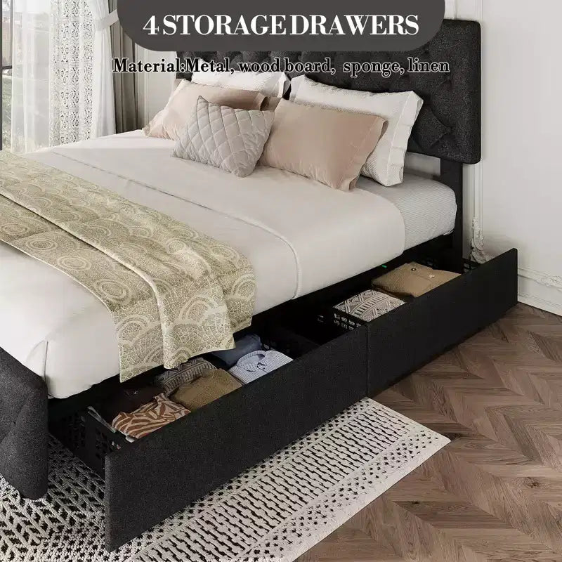 Struttura letto king-size con piattaforma e testiera regolabile e 4 cassetti, struttura letto moderna imbottita grigia con pediera, supporto a doghe in legno