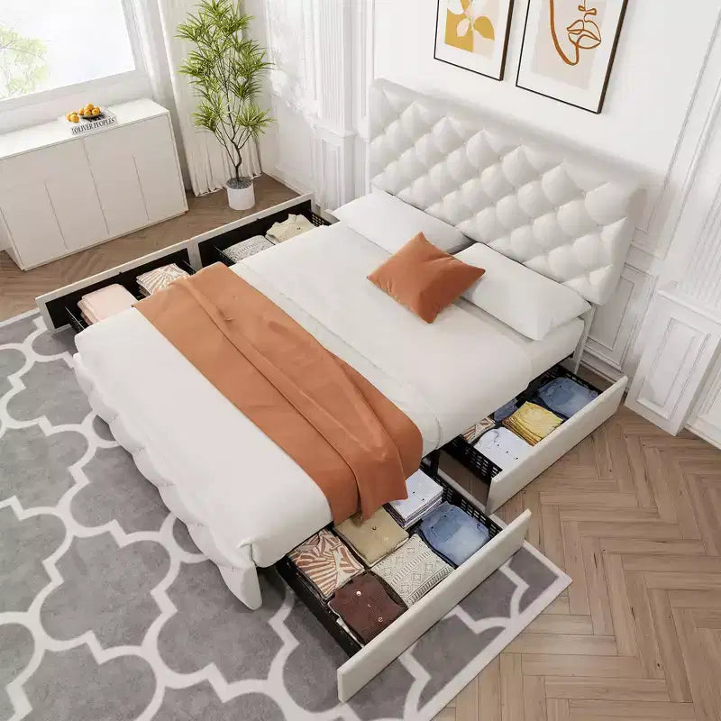 Struttura letto king-size con piattaforma e testiera regolabile e 4 cassetti, struttura letto moderna imbottita grigia con pediera, supporto a doghe in legno