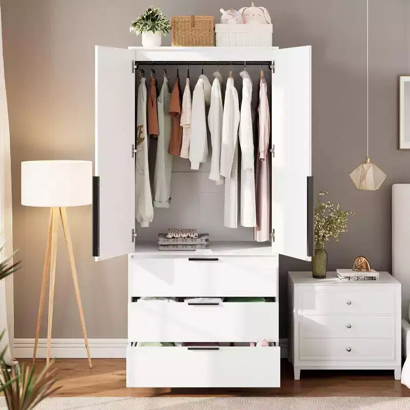Armadio Guardaroba con 3 Cassetti, Anta in Rattan, Mobile Contenitore in Legno con Asta Appendiabiti, Organizzatore da Camera da Letto, 69,5 pollici