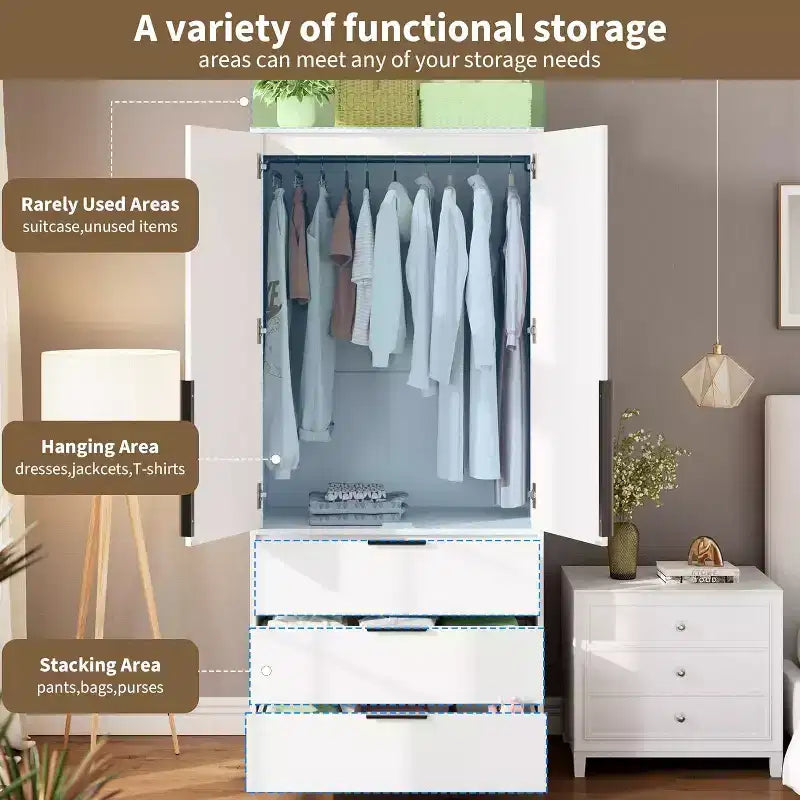 Armadio Guardaroba con 3 Cassetti, Anta in Rattan, Mobile Contenitore in Legno con Asta Appendiabiti, Organizzatore da Camera da Letto, 69,5 pollici