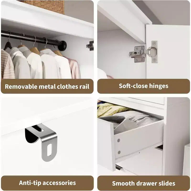 Armadio Guardaroba con 3 Cassetti, Anta in Rattan, Mobile Contenitore in Legno con Asta Appendiabiti, Organizzatore da Camera da Letto, 69,5 pollici