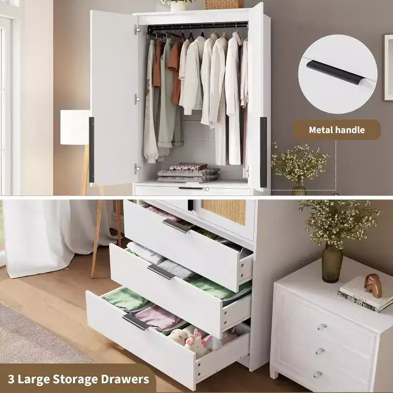 Armadio Guardaroba con 3 Cassetti, Anta in Rattan, Mobile Contenitore in Legno con Asta Appendiabiti, Organizzatore da Camera da Letto, 69,5 pollici