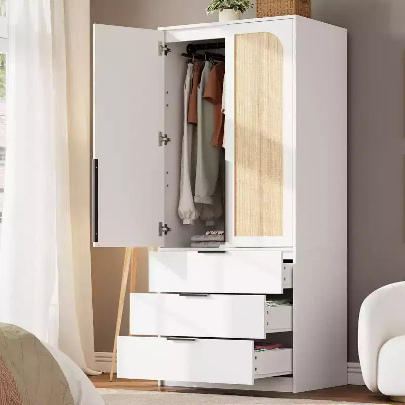 Armadio Guardaroba con 3 Cassetti, Anta in Rattan, Mobile Contenitore in Legno con Asta Appendiabiti, Organizzatore da Camera da Letto, 69,5 pollici