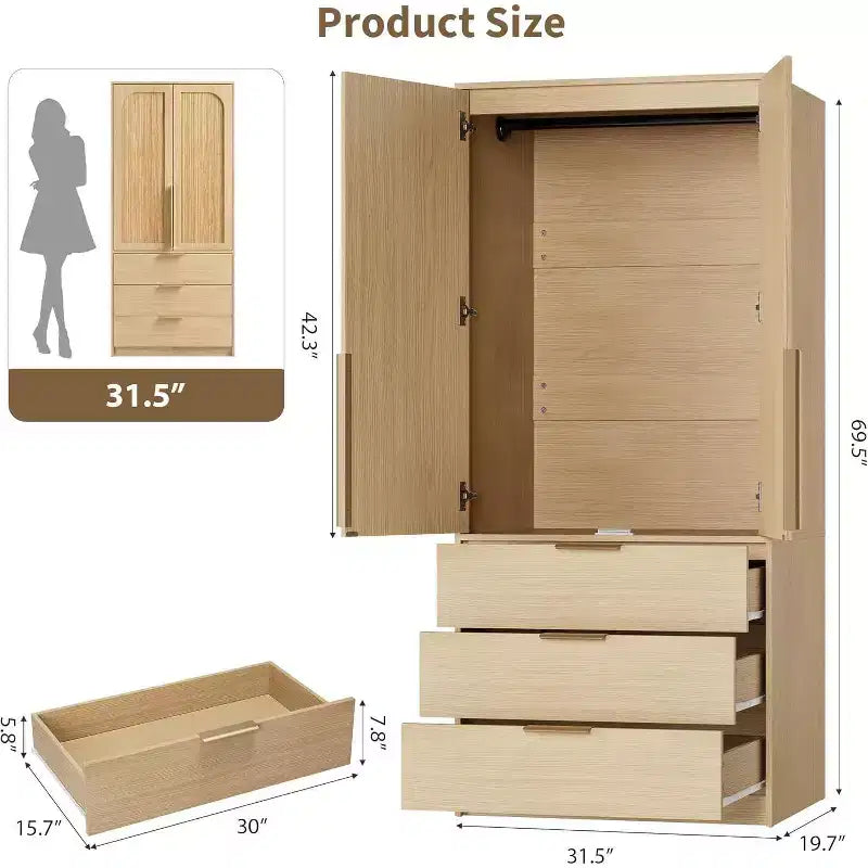 Armadio Guardaroba con 3 Cassetti, Anta in Rattan, Mobile Contenitore in Legno con Asta Appendiabiti, Organizzatore da Camera da Letto, 69,5 pollici