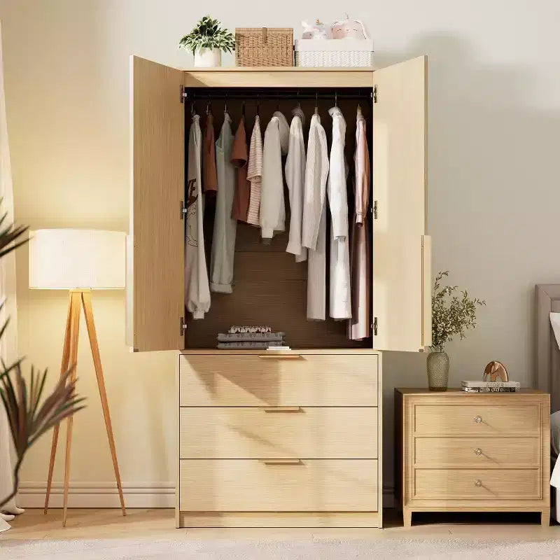 Armadio Guardaroba con 3 Cassetti, Anta in Rattan, Mobile Contenitore in Legno con Asta Appendiabiti, Organizzatore da Camera da Letto, 69,5 pollici