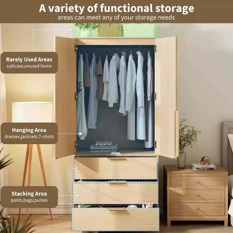Armadio Guardaroba con 3 Cassetti, Anta in Rattan, Mobile Contenitore in Legno con Asta Appendiabiti, Organizzatore da Camera da Letto, 69,5 pollici