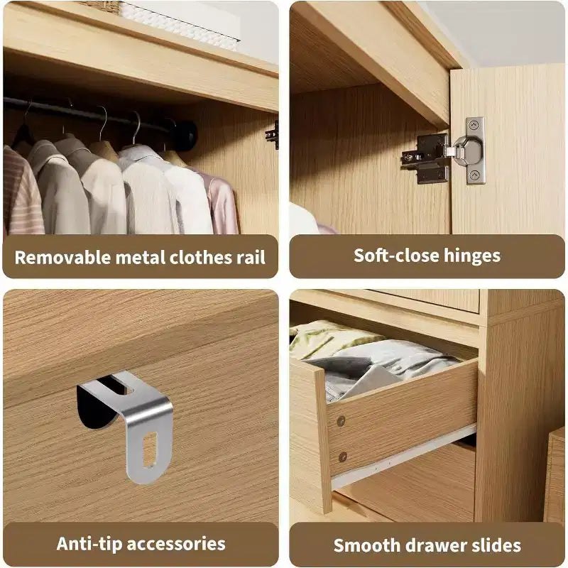 Armadio Guardaroba con 3 Cassetti, Anta in Rattan, Mobile Contenitore in Legno con Asta Appendiabiti, Organizzatore da Camera da Letto, 69,5 pollici