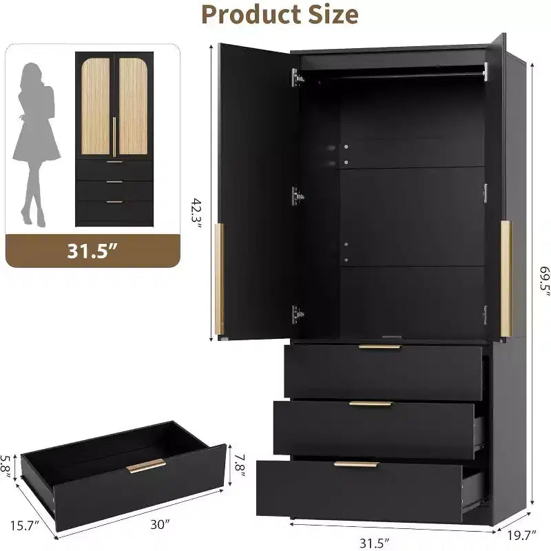Armadio Guardaroba con 3 Cassetti, Anta in Rattan, Mobile Contenitore in Legno con Asta Appendiabiti, Organizzatore da Camera da Letto, 69,5 pollici