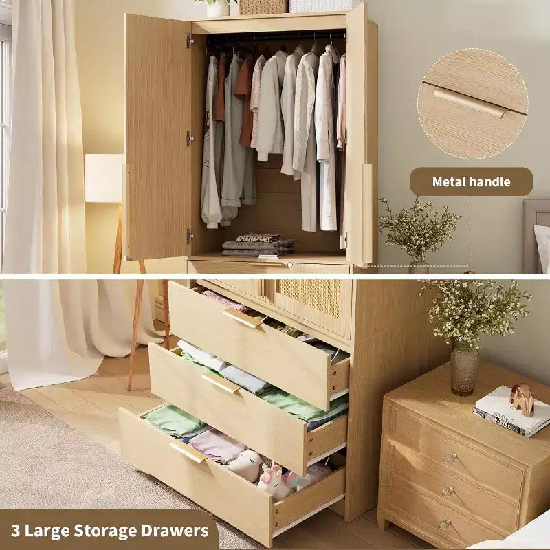 Armadio Guardaroba con 3 Cassetti, Anta in Rattan, Mobile Contenitore in Legno con Asta Appendiabiti, Organizzatore da Camera da Letto, 69,5 pollici