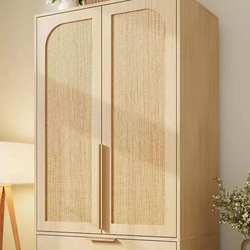 Armadio Guardaroba con 3 Cassetti, Anta in Rattan, Mobile Contenitore in Legno con Asta Appendiabiti, Organizzatore da Camera da Letto, 69,5 pollici