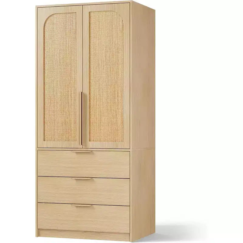 Armadio Guardaroba con 3 Cassetti, Anta in Rattan, Mobile Contenitore in Legno con Asta Appendiabiti, Organizzatore da Camera da Letto, 69,5 pollici