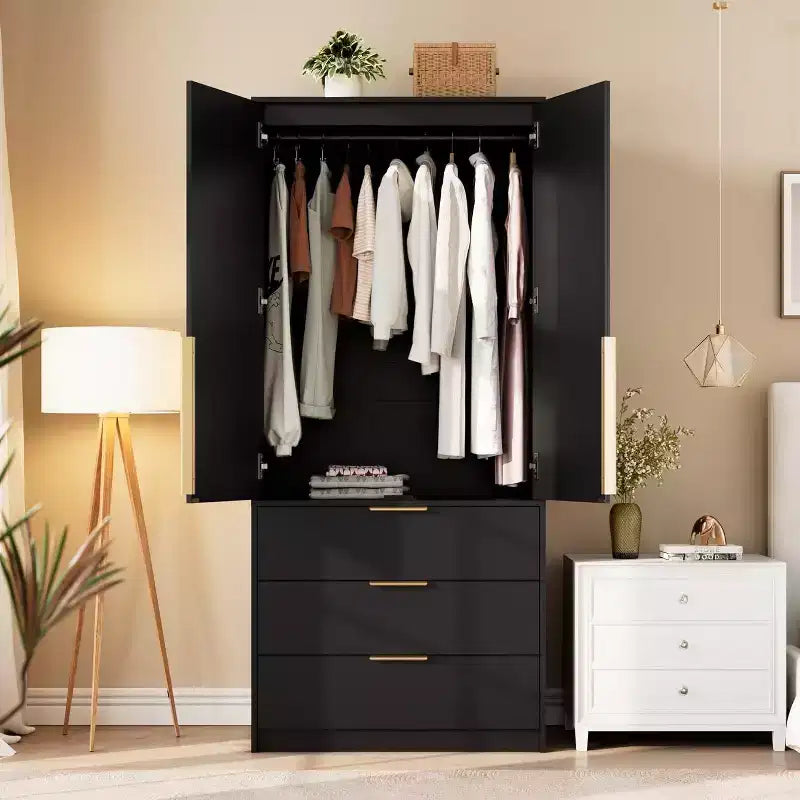 Armadio Guardaroba con 3 Cassetti, Anta in Rattan, Mobile Contenitore in Legno con Asta Appendiabiti, Organizzatore da Camera da Letto, 69,5 pollici