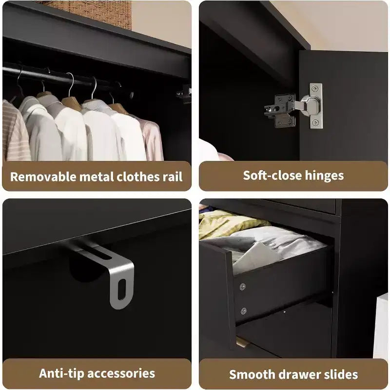Armadio Guardaroba con 3 Cassetti, Anta in Rattan, Mobile Contenitore in Legno con Asta Appendiabiti, Organizzatore da Camera da Letto, 69,5 pollici