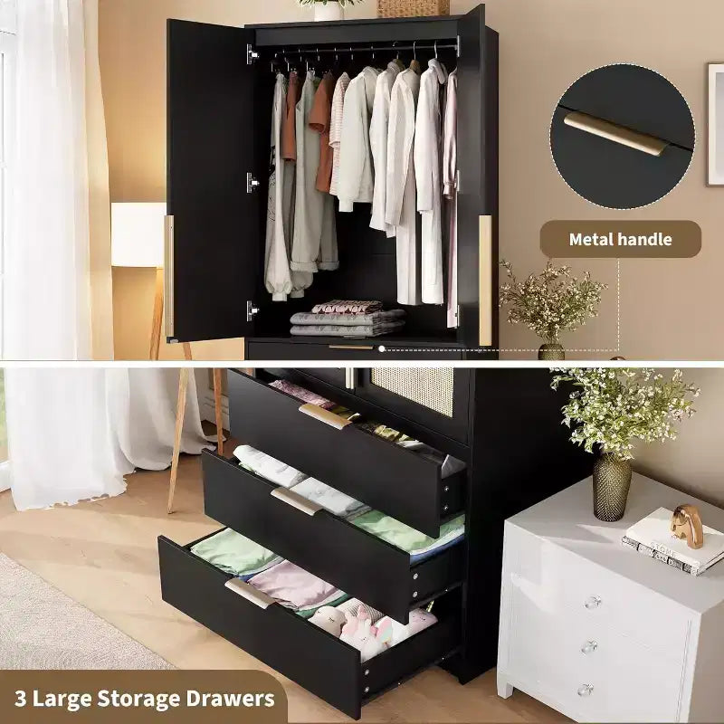 Armadio Guardaroba con 3 Cassetti, Anta in Rattan, Mobile Contenitore in Legno con Asta Appendiabiti, Organizzatore da Camera da Letto, 69,5 pollici