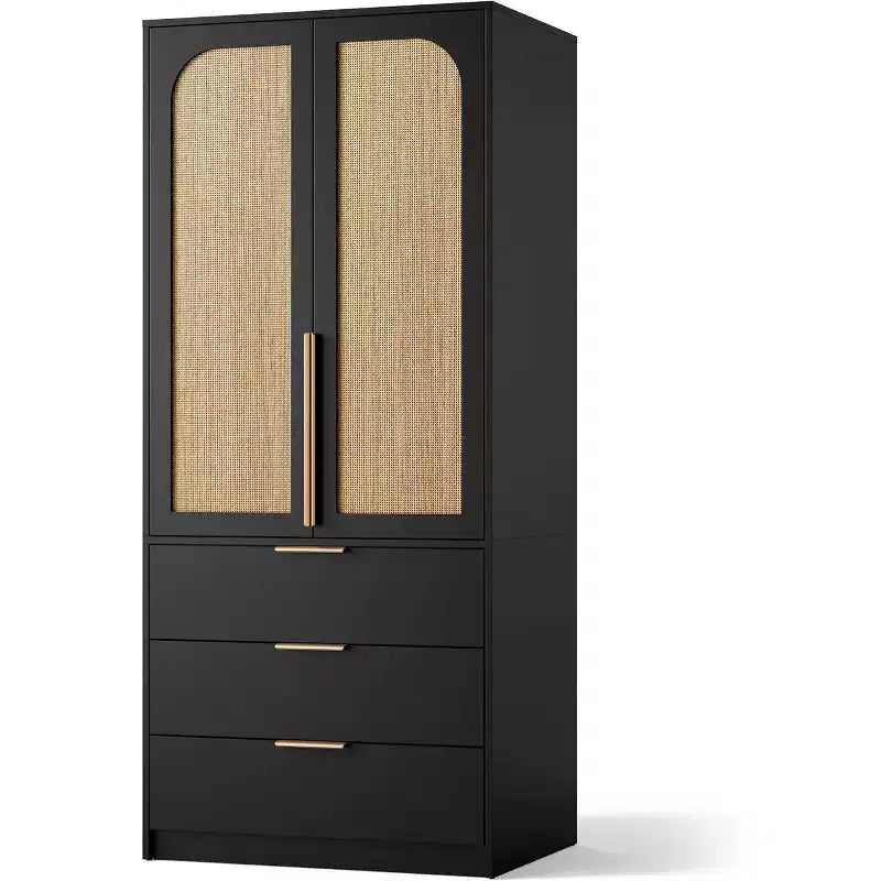 Armadio Guardaroba con 3 Cassetti, Anta in Rattan, Mobile Contenitore in Legno con Asta Appendiabiti, Organizzatore da Camera da Letto, 69,5 pollici