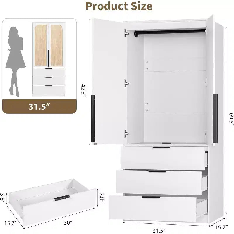 Armadio Guardaroba con 3 Cassetti, Anta in Rattan, Mobile Contenitore in Legno con Asta Appendiabiti, Organizzatore da Camera da Letto, 69,5 pollici