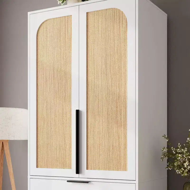 Armadio Guardaroba con 3 Cassetti, Anta in Rattan, Mobile Contenitore in Legno con Asta Appendiabiti, Organizzatore da Camera da Letto, 69,5 pollici