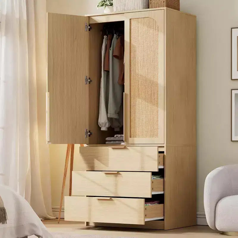 Armadio Guardaroba con 3 Cassetti, Anta in Rattan, Mobile Contenitore in Legno con Asta Appendiabiti, Organizzatore da Camera da Letto, 69,5 pollici