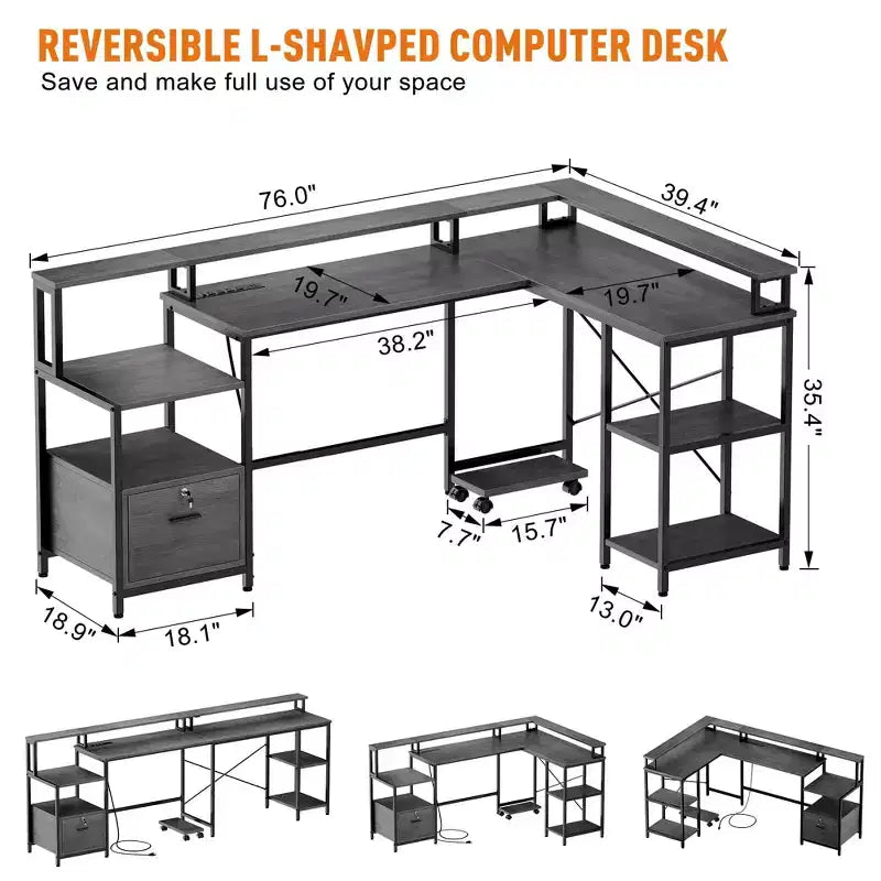 Scrivania a L per computer - Scrivania da ufficio/ad angolo/da gaming reversibile da 76'' con cassetto portadocumenti, presa di corrente, mensola per monitor (Quercia Grigia)