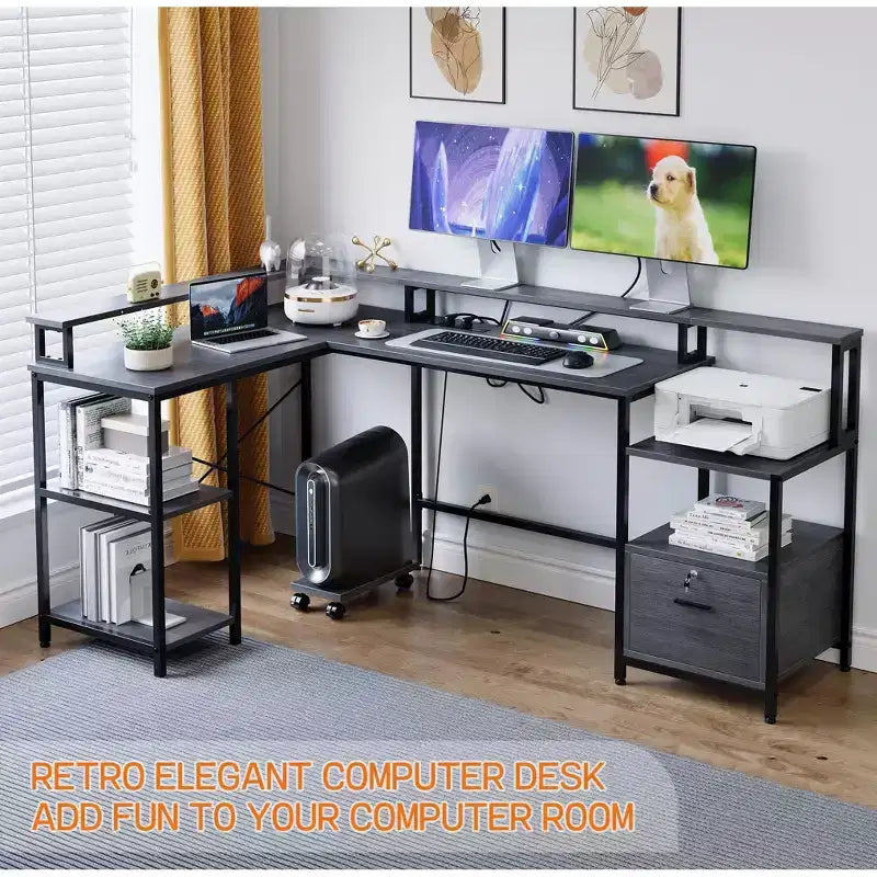 Scrivania a L per computer - Scrivania da ufficio/ad angolo/da gaming reversibile da 76'' con cassetto portadocumenti, presa di corrente, mensola per monitor (Quercia Grigia)