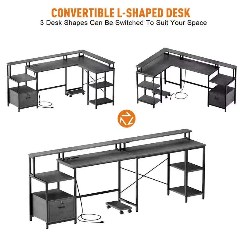 Scrivania a L per computer - Scrivania da ufficio/ad angolo/da gaming reversibile da 76'' con cassetto portadocumenti, presa di corrente, mensola per monitor (Quercia Grigia)