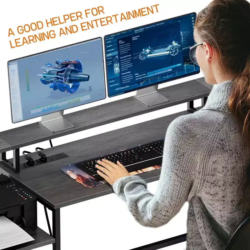 Scrivania a L per computer - Scrivania da ufficio/ad angolo/da gaming reversibile da 76'' con cassetto portadocumenti, presa di corrente, mensola per monitor (Quercia Grigia)